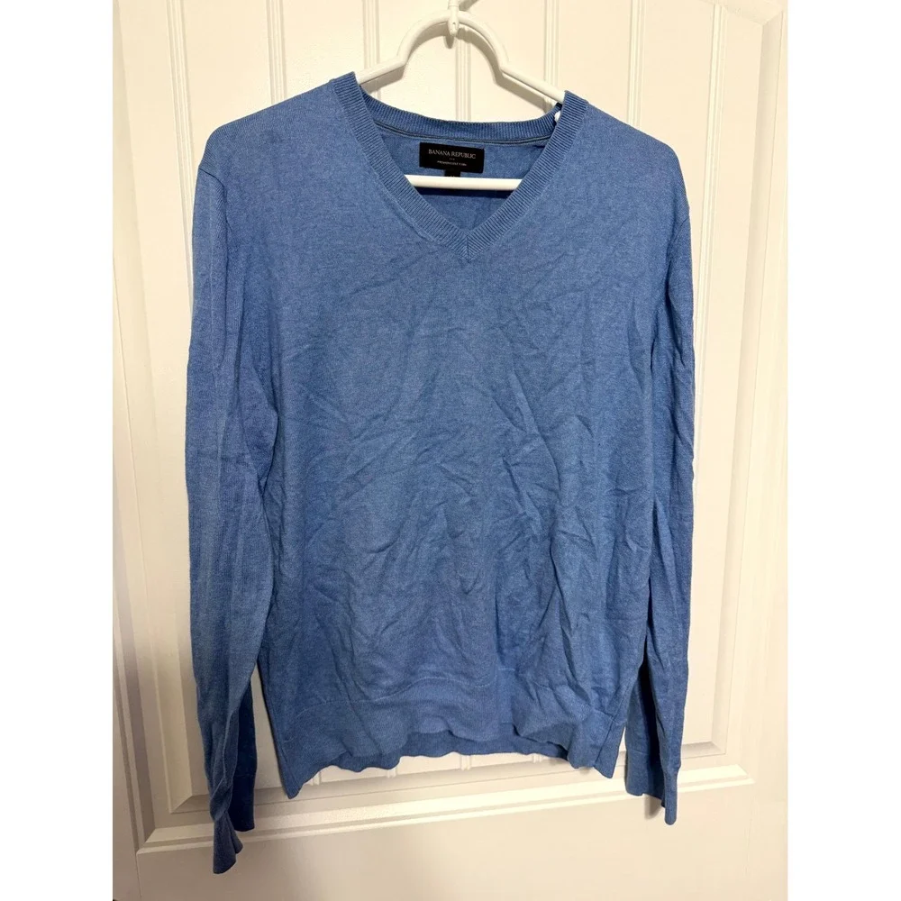Banana Republic Sweater Mens Medium Blue V-Neck Premium Luxe Yarn Cotton Silk